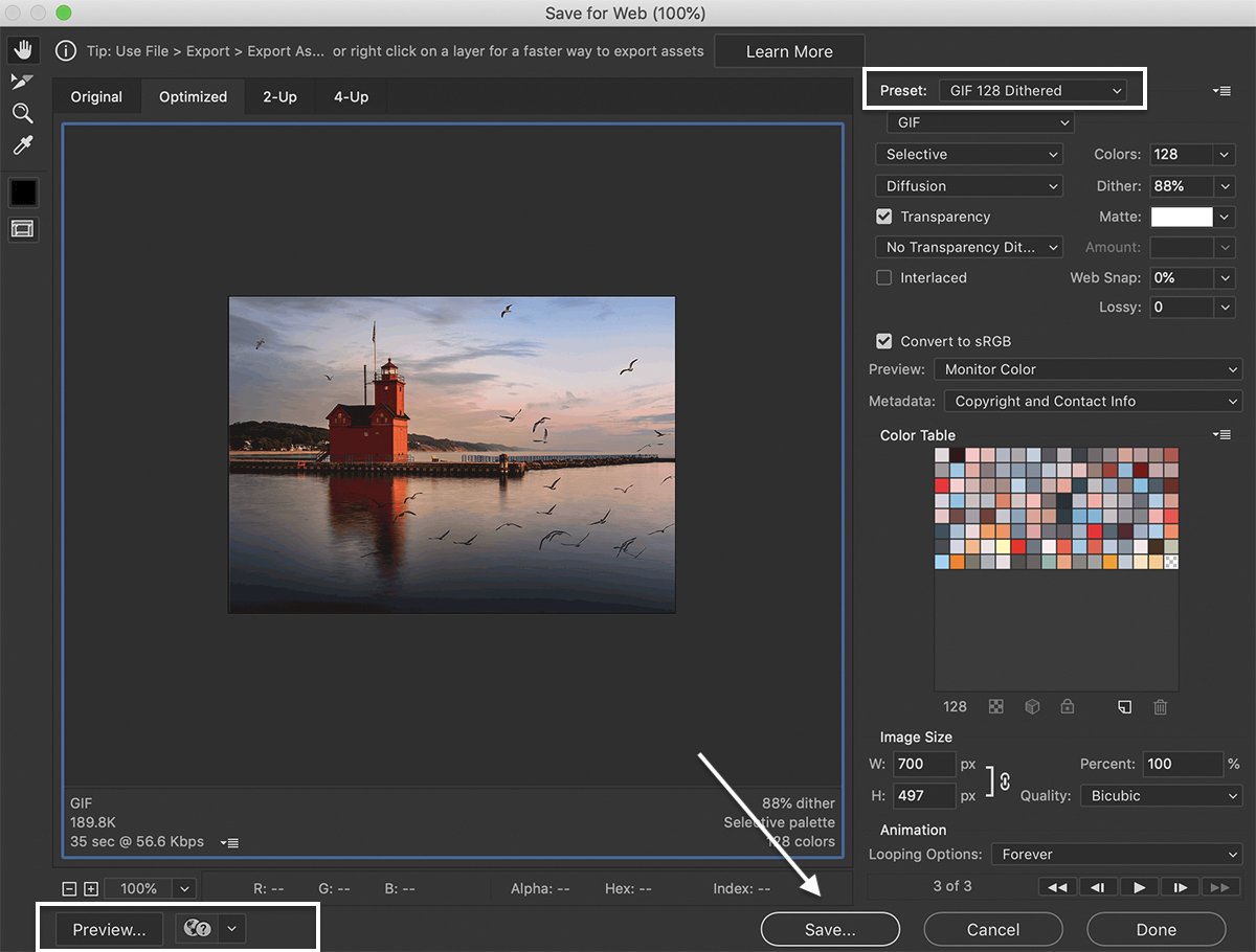 как сделать gif в фотошопе: Photoshop screenshot of save for web window options for lighthouse GIF