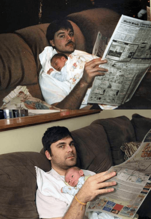поколенческая фотография: новый отец воссоздает ту же фотографию, где он, будучи младенцем, изображен со своим отцом