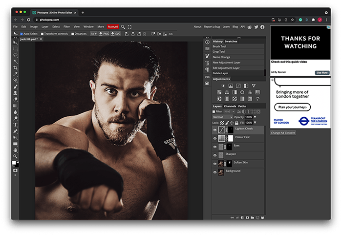 Портрет боксера Джека Шепарда, отредактированный в альтернативном фотошопе Photopea