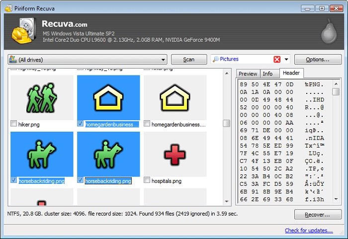 скриншот простого пользовательского интерфейса программы восстановления фотографий Recuva