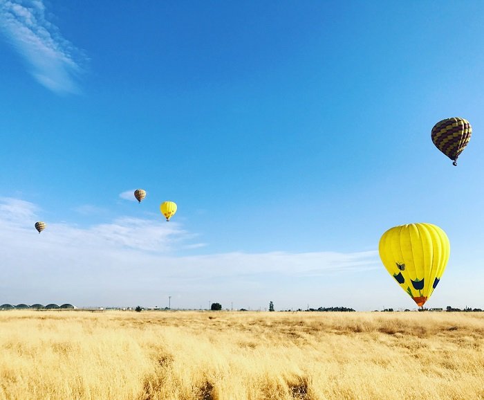 ритм в фотографии: воздушные шары летят над пшеничным полем на фоне большого голубого неба
