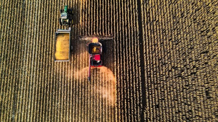 ритм в фотографии: сельскохозяйственная техника срезает ряд посевов для создания эффекта нарушенного ритма