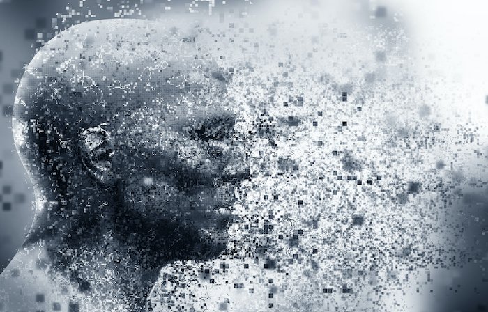 создание эффекта рассеивания: CGI изображение лысого мужчины, рассеивающегося в небытие с серыми и светло-голубыми тонами