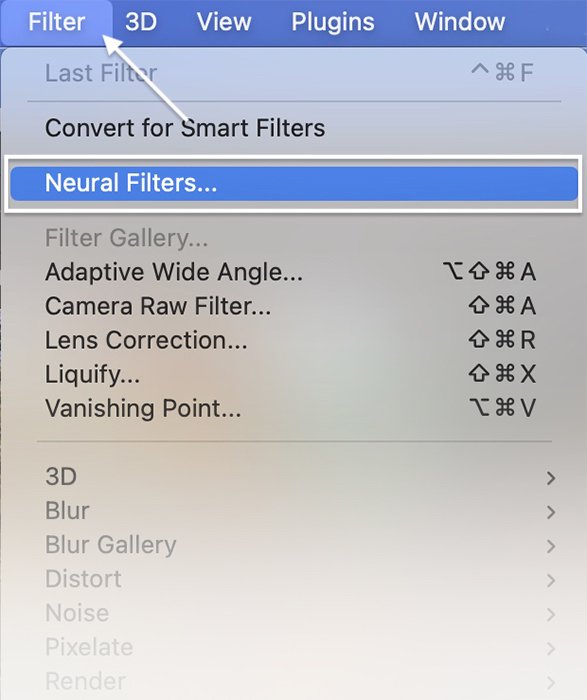 Скриншот меню Photoshop Neural Filters