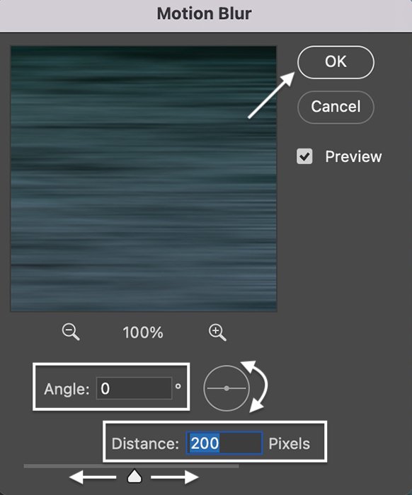 Скриншот окна инструмента Motion Blur в Photoshop