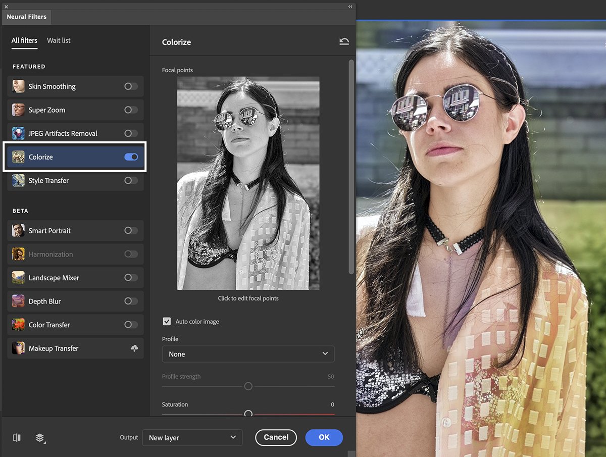Скриншот панели нейрофильтров Photoshop, раскрашивающей портрет женщины