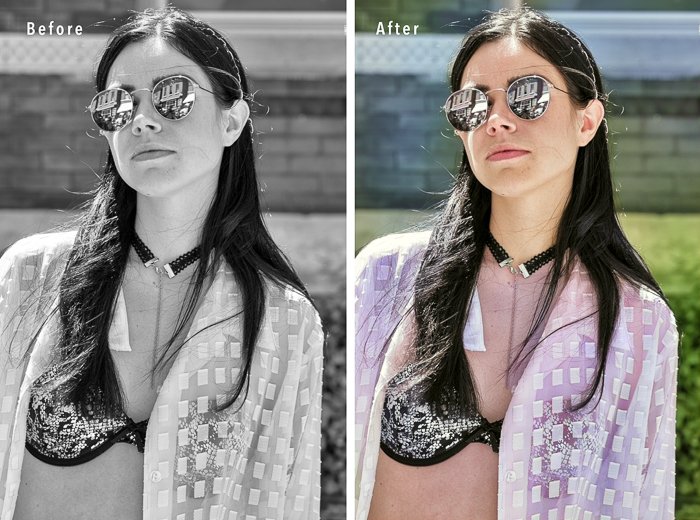 Изображения женщины до и после использования нейрофильтра Colorize Photoshop