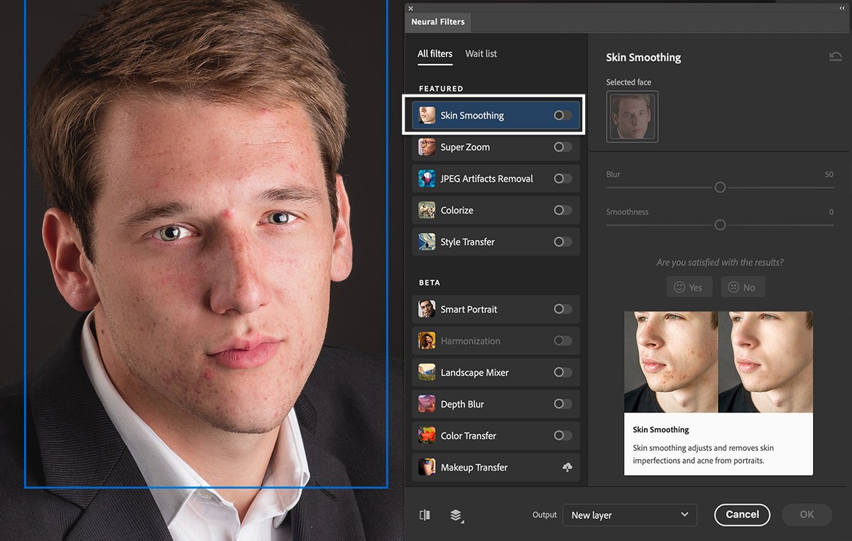 Скриншот панели Photoshop Neural Filters сглаживания кожи на портрете мужчины