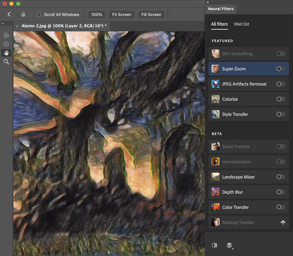 Скриншот панели нейрофильтров Photoshop, показывающий перенос стиля на изображение дерева