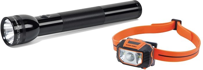 urban exploration gear: product photo of Maglight LED 3-Cell D Flashlight and Klein Tools LED Headlamp