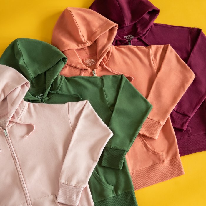 Flat lay photo of hooded jackets in multiple colors