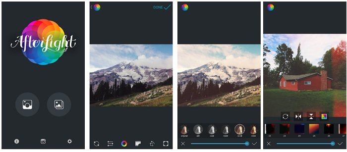 скриншоты отображения пользовательского интерфейса приложения Afterlight для фотографов