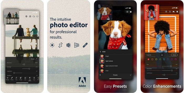 скриншоты, демонстрирующие некоторые функции, которые вы получаете в приложении Adobe Lightroom Mobile для фотографов