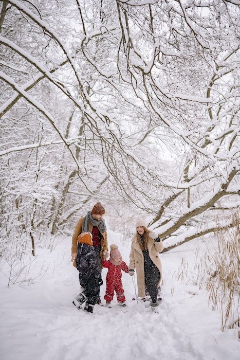 Семья на прогулке в заснеженном лесу для рождественской открытки фото идеи