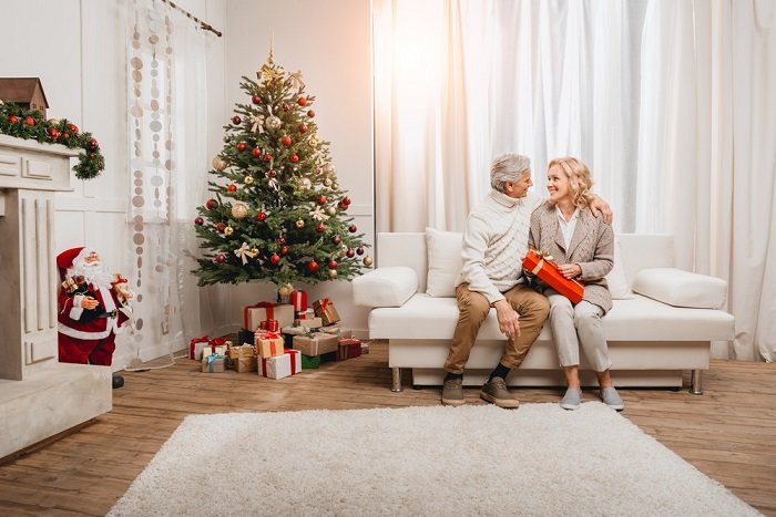 портрет пары, сидящей на диване рядом со своей рождественской елкой