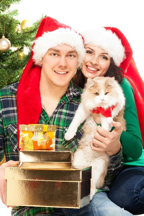 Советы по фотосессии рождественской пары: пара держит своего кота и подарки в золотых коробках