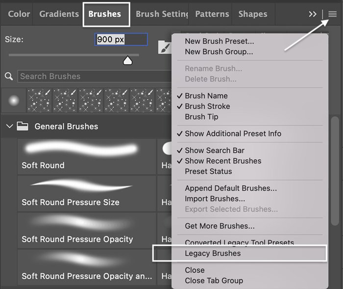 Скриншот выбора кистей Legacy в панели настроек кистей для эффекта блеска в Photoshop