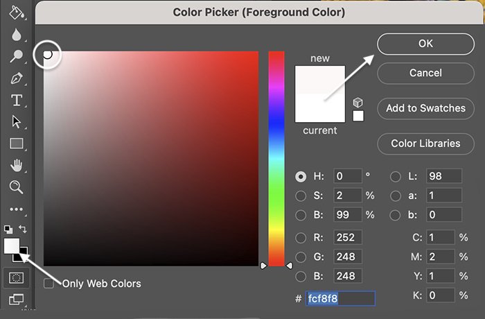Скриншот выбора переднего плана и белого цвета в Color Picker для наложения блеска в Photoshop
