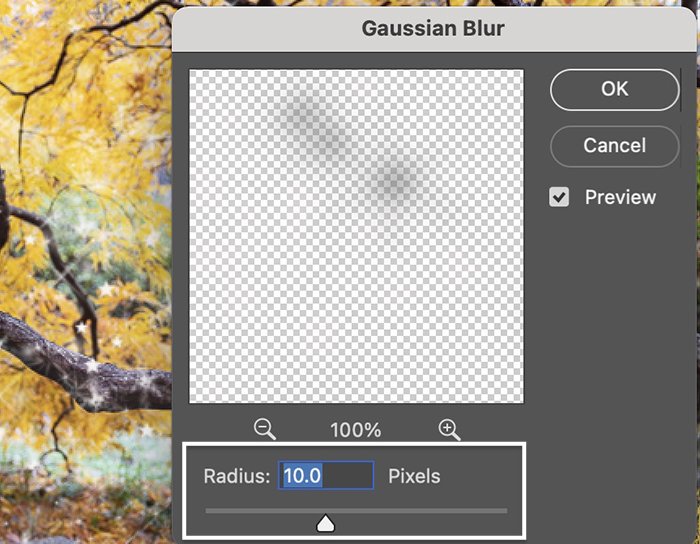 Скриншот добавления гауссова размытия для эффекта блеска в Photoshop