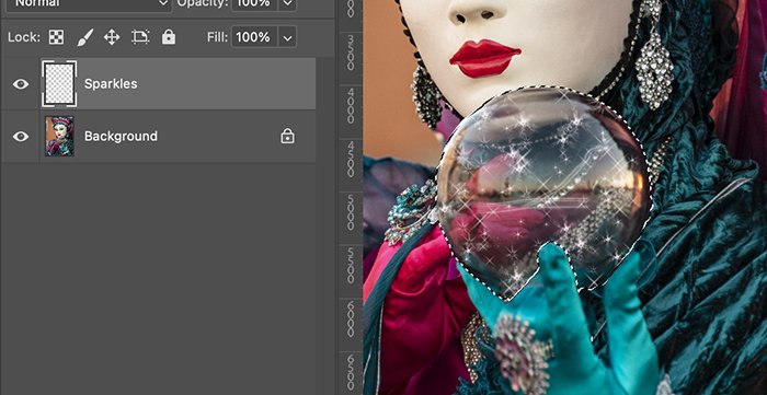 Скриншот слоев и шар, выделенный эффектом блеска в Photoshop