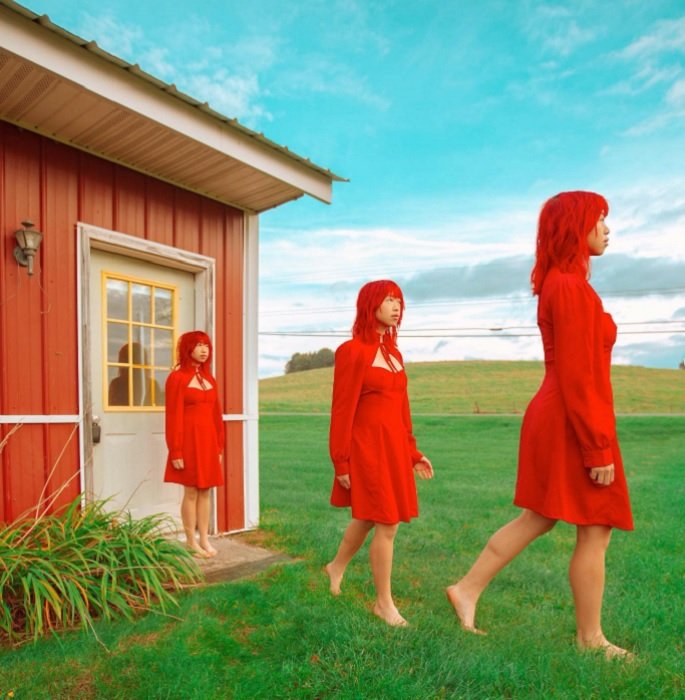 составное изображение дублированной женщины в красном платье, идущей в поле