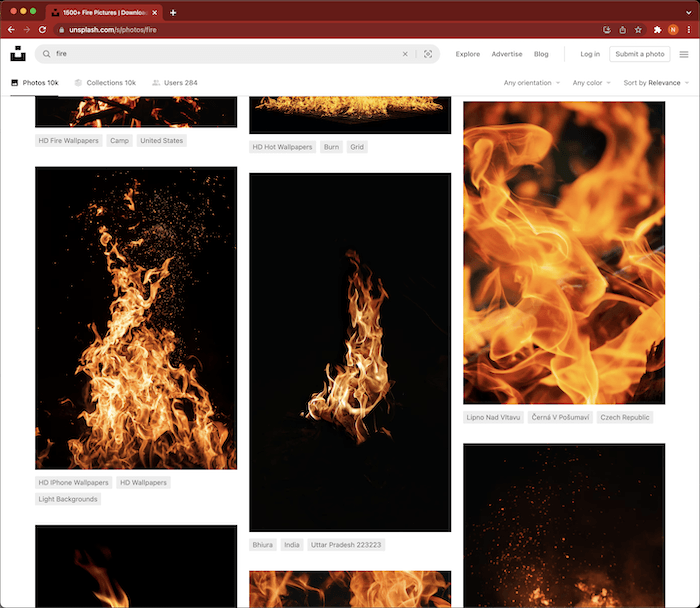 Скриншот сайта стоковых изображений Unsplash поиск фотографий пожара