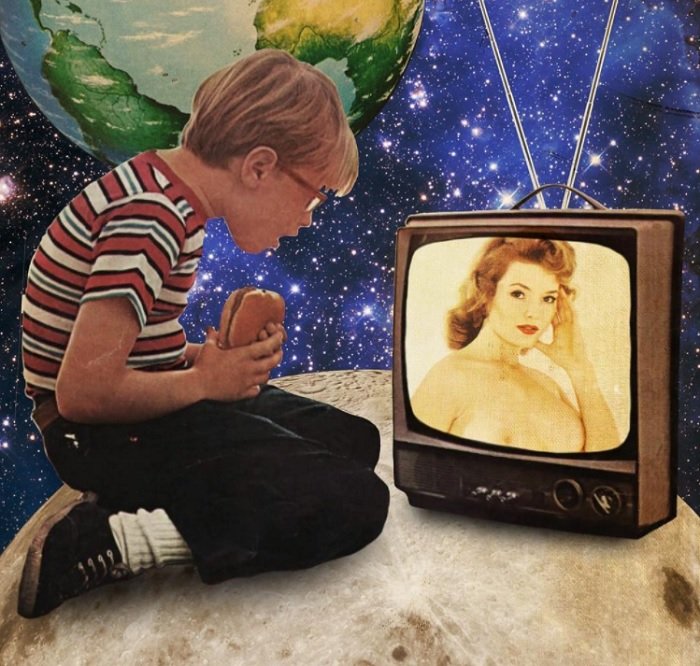 Digital Collage of the boy watching lady on TV in space