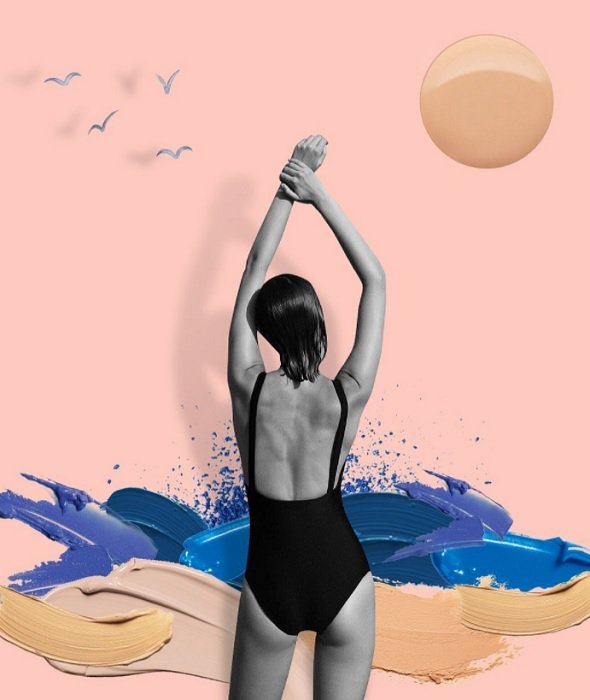 женщина в бикини на фоне моря из макияжа как идея цифрового коллажа