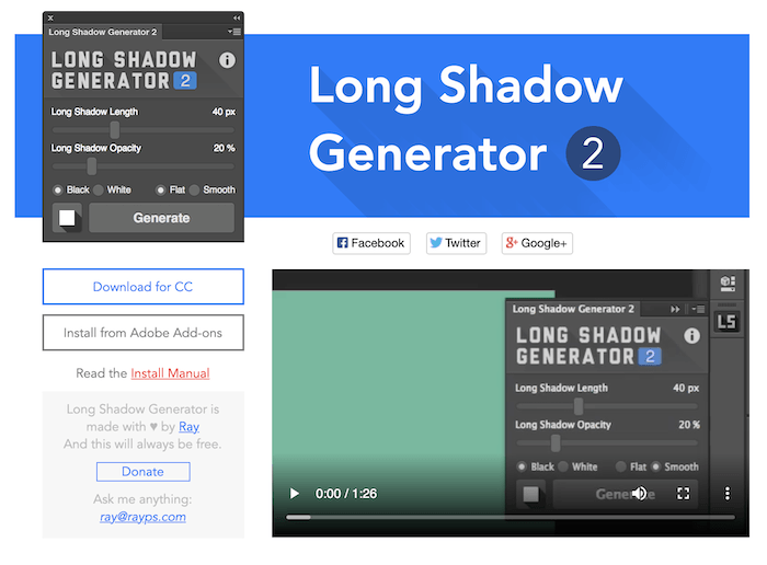 Скриншот сайта для бесплатного плагина Long Shadow Generator для Photoshop