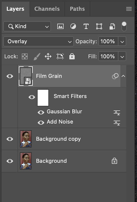 открытие фильтров на слое film grain в photoshop