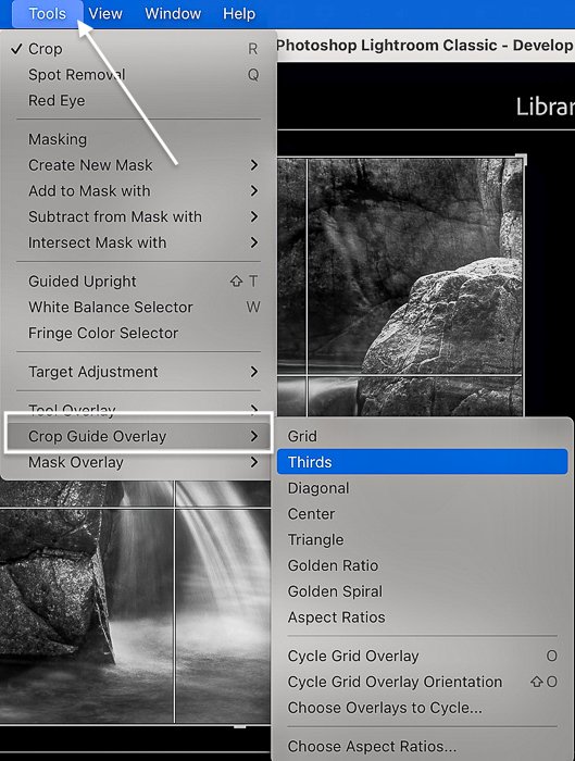 Скриншот меню инструментов Lightroom Classic и наложение кадрирования по правилу третей