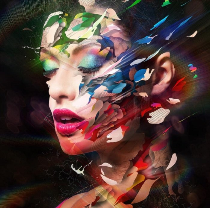 Портрет женщины с шелушащимся разноцветным лицом как идея для фотоманипуляции