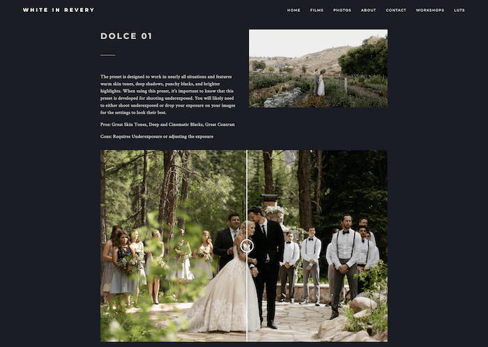 Скриншот сайта White In Revery со свадебным пресетом Dolce для Lightroom