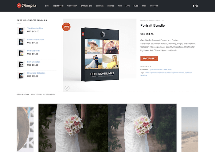 Скриншот сайта Preset Pro с портретным набором свадебных пресетов для Lightroom