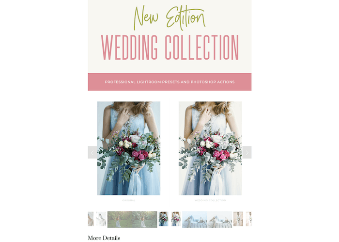 Скриншот сайта Be Art Presets с винтажной коллекцией свадебных пресетов для Lightroom