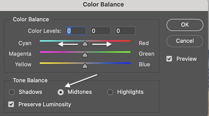 Photoshop скриншот корректирующий слой цветового баланса