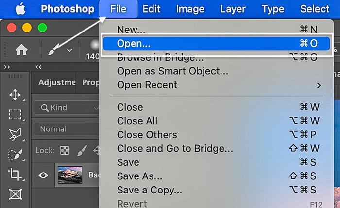 Скриншот Photoshop для открытия файла
