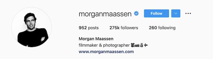 Morgan Maassen's monochromatic photography bio on Instagram