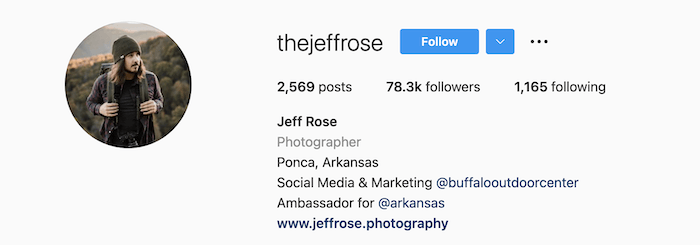Photographer Jeff Rose's instagram bio