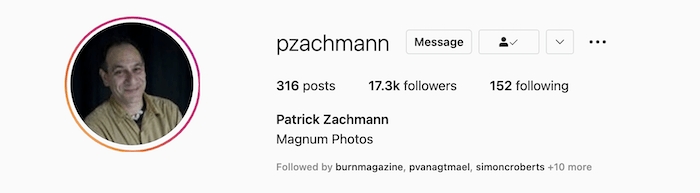 Instagram bio for photographer Patrik Zachmann