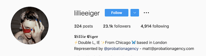 Lillie Eiger's photography bio on Instagram