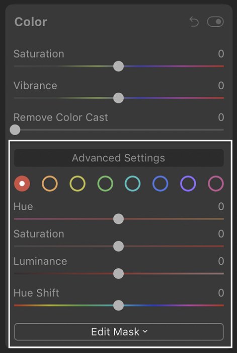 Luminar 4 screenshot of advanced color settings