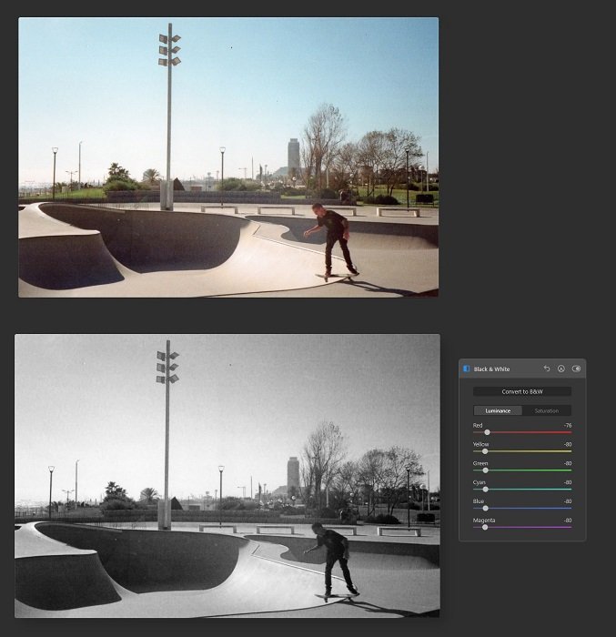 черно-белое фото до и после мужчины, катающегося на скейтборде в скейтпарке