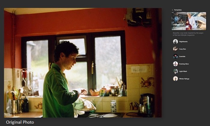 Luminar AI's screen with photo of man in kitchen with template options