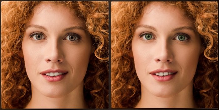 Два портретных сравнения женщины с рыжими волосами одна с карими глазами, другая с зелеными