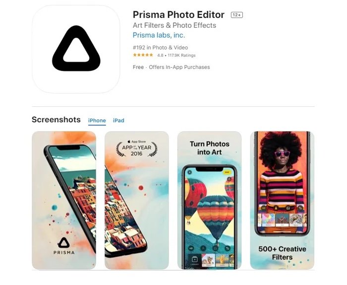 Изображение приложения для редактирования фотографий Prisma в App Store