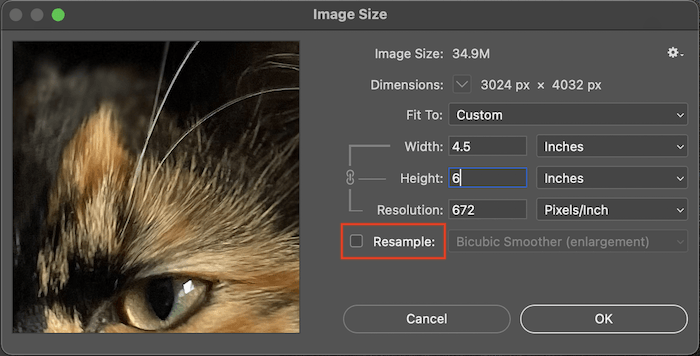 Unchecking resample in picture sizing panel in Photoshop