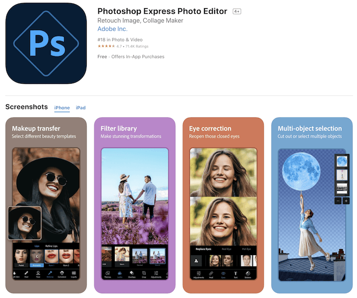 Photoshop Express Photo Editor, скриншот приложения для смены фона