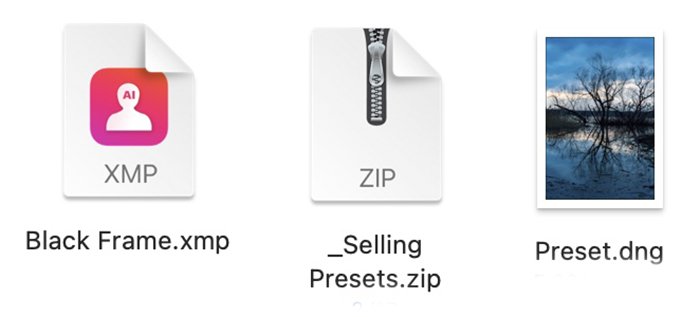 Иконки для трех предустановленных типов файлов XMP ZiP и DNG