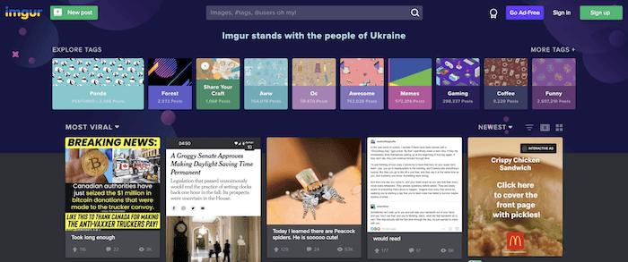 Домашняя страница Imgur - альтернативного сайта хостинга изображений imgbb
